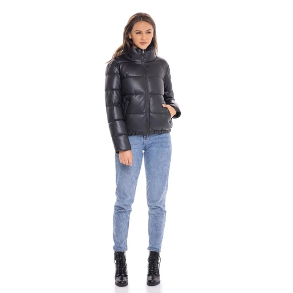 Jackets & Blazers - Women's Faux Leather Puffer Jacket Black Puffy Coat - S.E.B. By SEBBY Size 3X